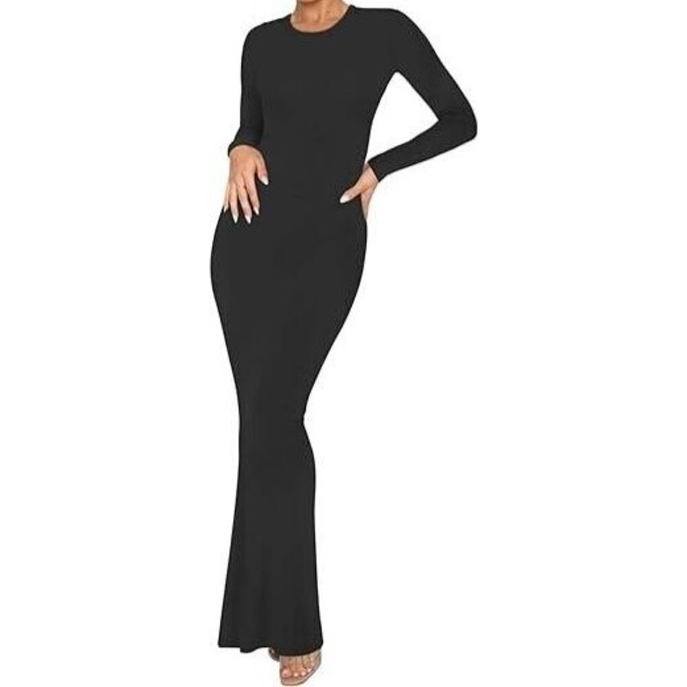 Black Maxi Knit Dress Size X-Small Round Neck Elegant Bodycon D4